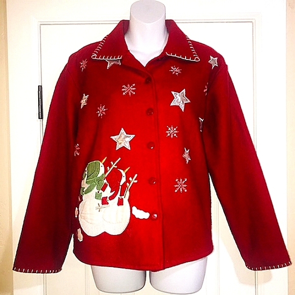 Vtg Take Two Clothing Co. Christmas Wool Embroided Patch Blazer M - Picture 4 of 15